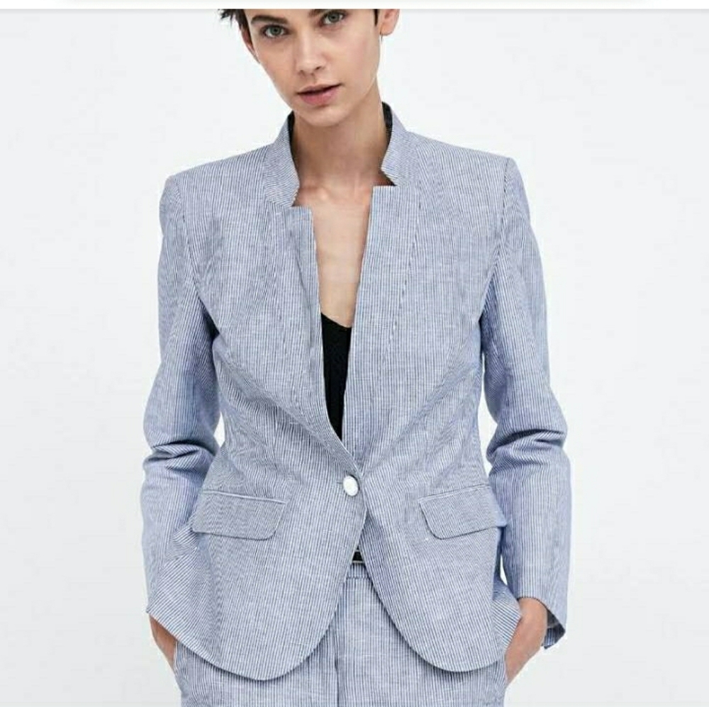 Zara Basics Vertical Pinstripe Notched Collar Jckt